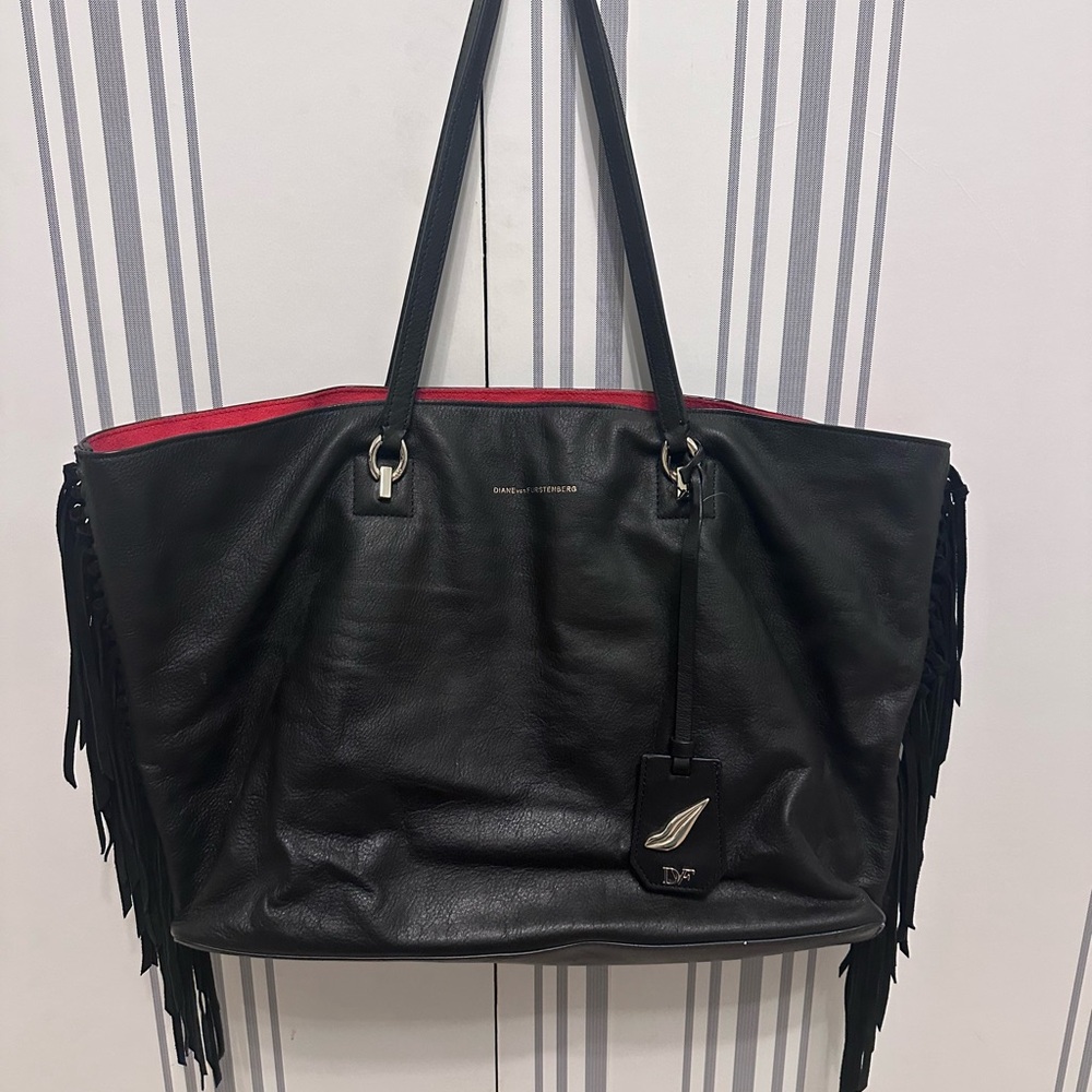 DVF Black Leather Tote Bag with Red Interior